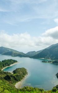 Preview wallpaper lake, mountains, clouds, greenery, landscape