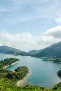 Preview wallpaper lake, mountains, clouds, greenery, landscape