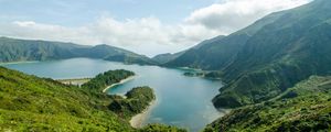 Preview wallpaper lake, mountains, clouds, greenery, landscape