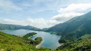 Preview wallpaper lake, mountains, clouds, greenery, landscape