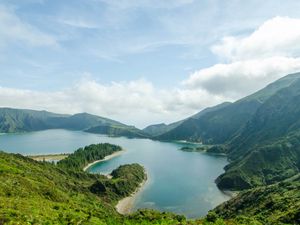 Preview wallpaper lake, mountains, clouds, greenery, landscape