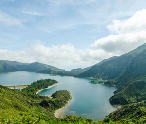 Preview wallpaper lake, mountains, clouds, greenery, landscape