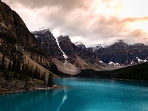 Preview wallpaper lake, mountains, coast, mountain range, landscape