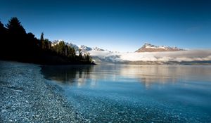 Preview wallpaper lake, mountains, coast, water, transparent, freshness