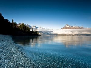 Preview wallpaper lake, mountains, coast, water, transparent, freshness