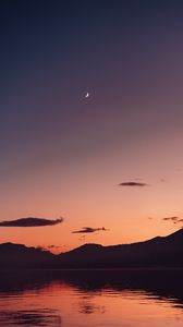 Preview wallpaper lake, mountains, dusk, moon, water