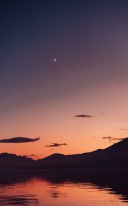 Preview wallpaper lake, mountains, dusk, moon, water