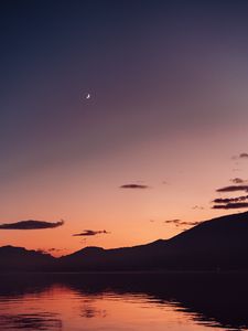 Preview wallpaper lake, mountains, dusk, moon, water
