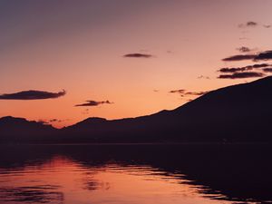 Preview wallpaper lake, mountains, dusk, moon, water