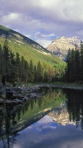 Preview wallpaper lake, mountains, fir-trees, coniferous, shadows, sunlight, horseshoe lake, jasper national park, canada