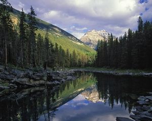 Preview wallpaper lake, mountains, fir-trees, coniferous, shadows, sunlight, horseshoe lake, jasper national park, canada