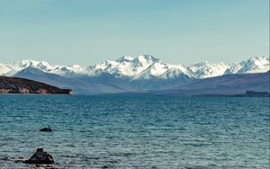 Preview wallpaper lake, mountains, flowers, shore, water, landscape