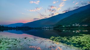 Preview wallpaper lake, mountains, fog, shore, nature