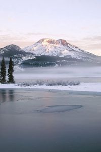 Preview wallpaper lake, mountains, fog, trees