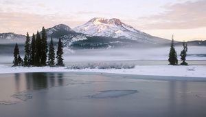 Preview wallpaper lake, mountains, fog, trees