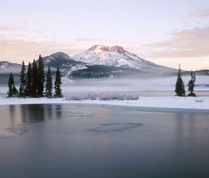 Preview wallpaper lake, mountains, fog, trees