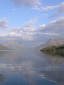 Preview wallpaper lake, mountains, fog, disseminated, surface, water smooth surface