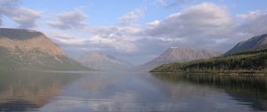 Preview wallpaper lake, mountains, fog, disseminated, surface, water smooth surface