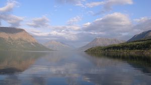 Preview wallpaper lake, mountains, fog, disseminated, surface, water smooth surface