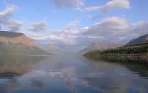 Preview wallpaper lake, mountains, fog, disseminated, surface, water smooth surface