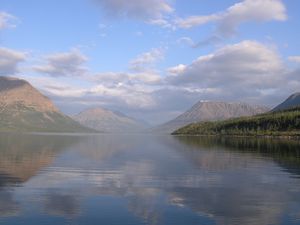 Preview wallpaper lake, mountains, fog, disseminated, surface, water smooth surface