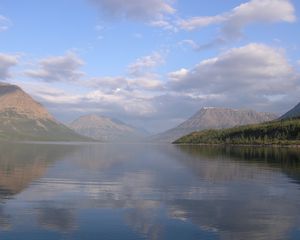 Preview wallpaper lake, mountains, fog, disseminated, surface, water smooth surface