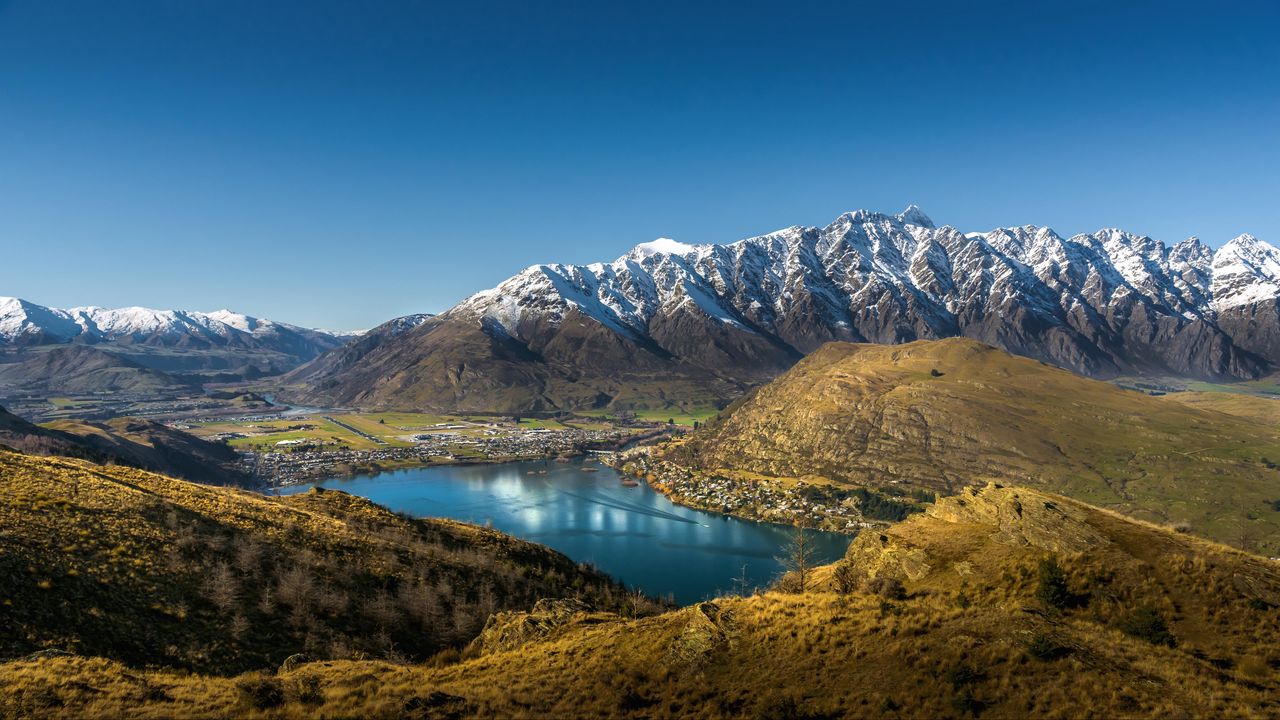 Wallpaper lake, mountains, foothills, ridge, queenstown, new zealand