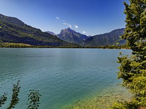 Preview wallpaper lake, mountains, forest, water, summer, landscape