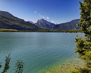Preview wallpaper lake, mountains, forest, water, summer, landscape