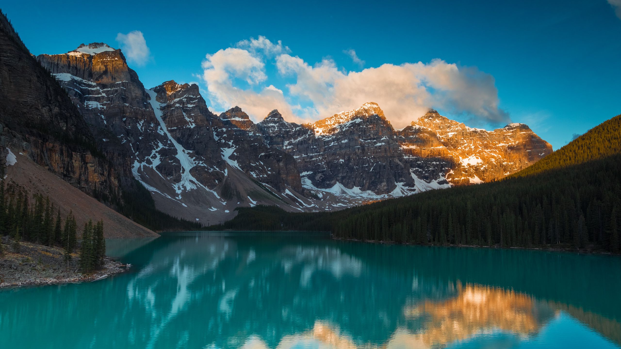 Download wallpaper 2560x1440 lake, mountains, forest, reflection