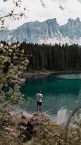 Preview wallpaper lake, mountains, forest, man, nature