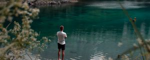 Preview wallpaper lake, mountains, forest, man, nature