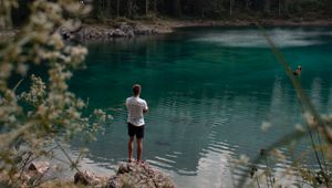 Preview wallpaper lake, mountains, forest, man, nature