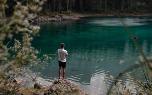 Preview wallpaper lake, mountains, forest, man, nature