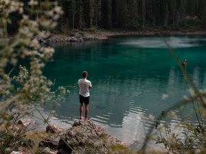 Preview wallpaper lake, mountains, forest, man, nature