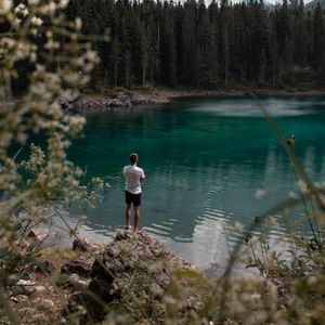 Preview wallpaper lake, mountains, forest, man, nature