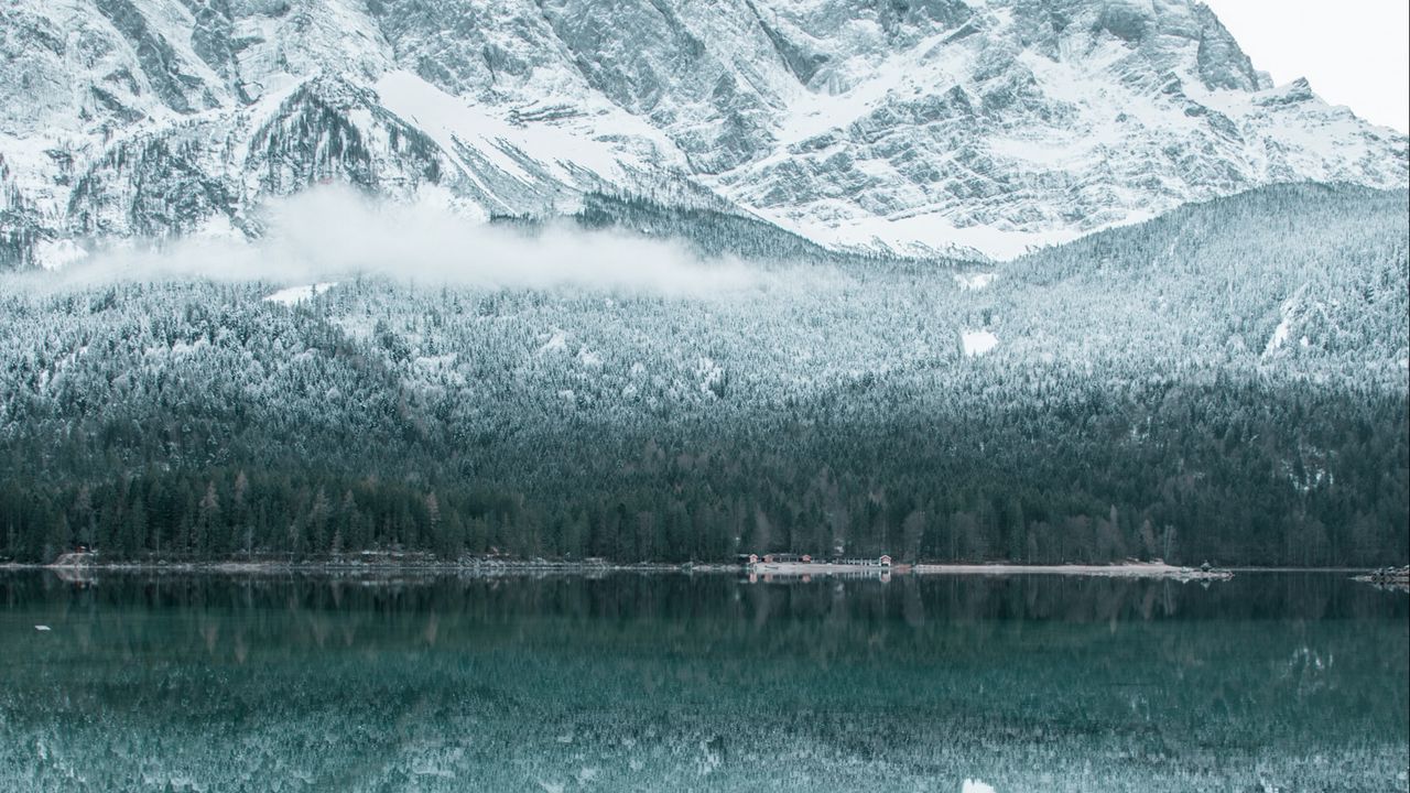 Wallpaper lake, mountains, forest, snow, winter