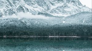 Preview wallpaper lake, mountains, forest, snow, winter