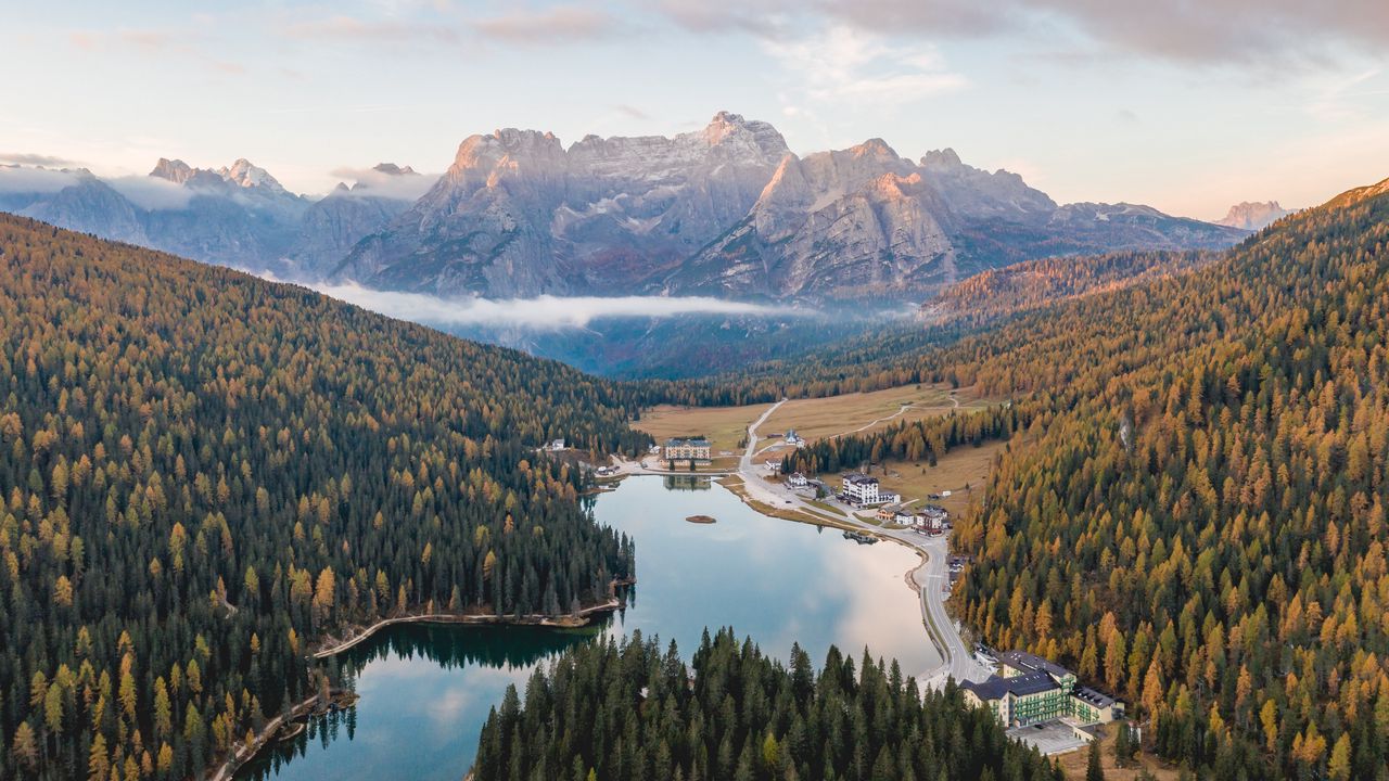 Wallpaper lake, mountains, forest, aerial view, landscape