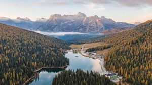 Preview wallpaper lake, mountains, forest, aerial view, landscape