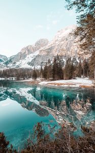 Preview wallpaper lake, mountains, forest, spruce, scenery