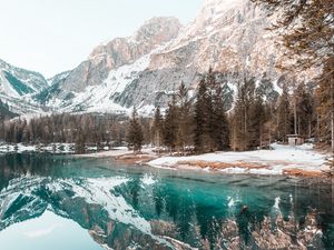 Preview wallpaper lake, mountains, forest, spruce, scenery