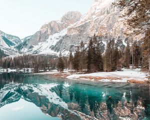 Preview wallpaper lake, mountains, forest, spruce, scenery