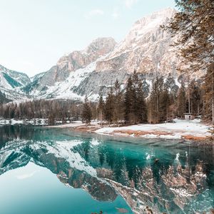 Preview wallpaper lake, mountains, forest, spruce, scenery