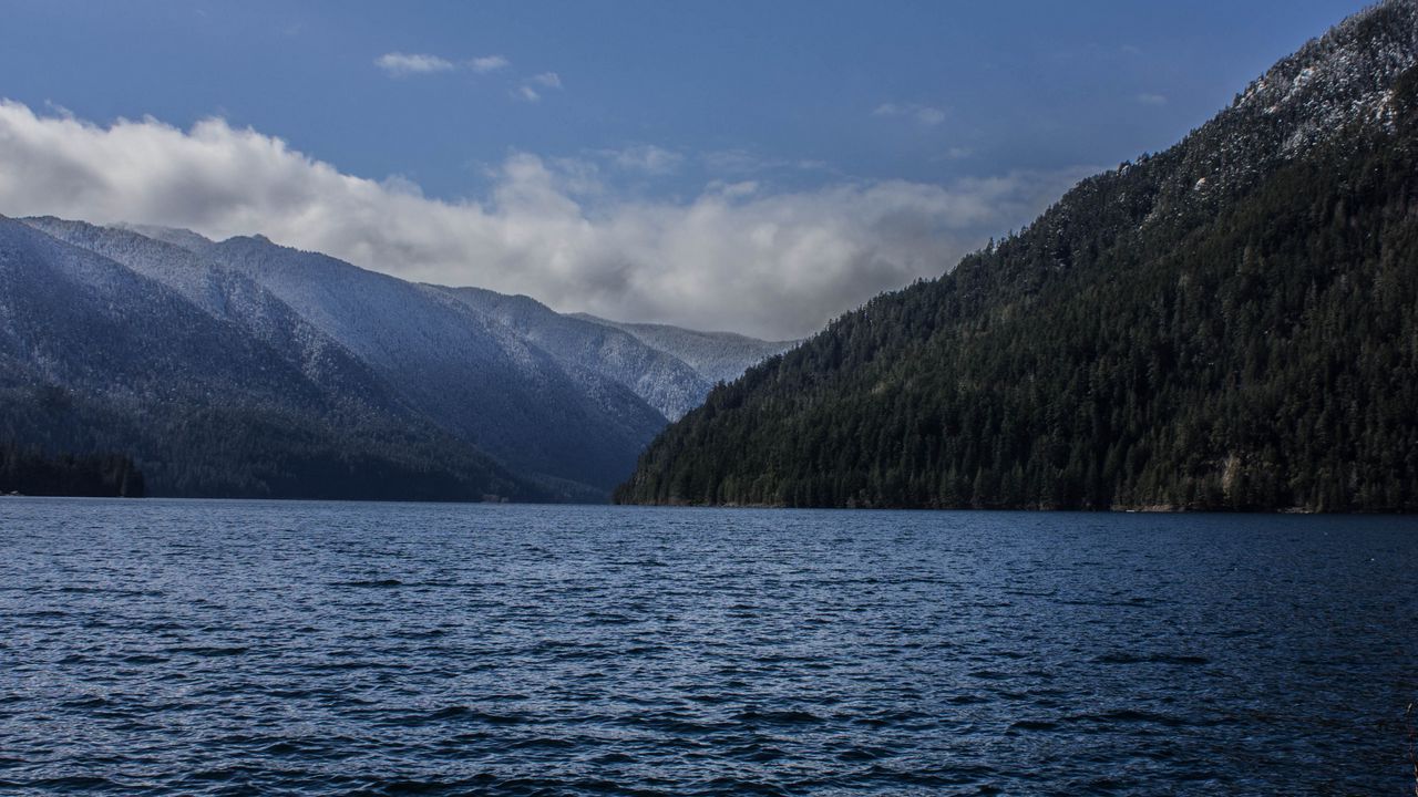 Wallpaper lake, mountains, forest, clouds