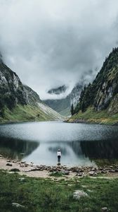 Preview wallpaper lake, mountains, girl, alone, nature