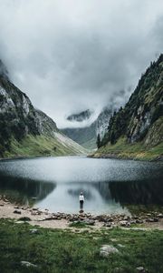 Preview wallpaper lake, mountains, girl, alone, nature