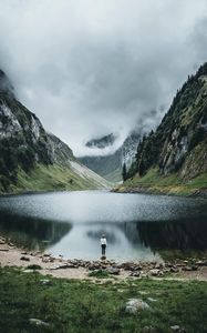 Preview wallpaper lake, mountains, girl, alone, nature