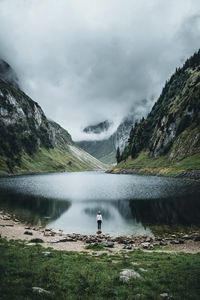 Preview wallpaper lake, mountains, girl, alone, nature