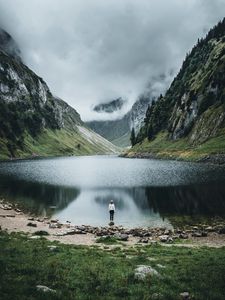 Preview wallpaper lake, mountains, girl, alone, nature